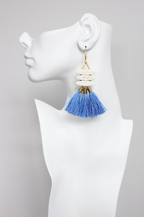 blue and white tassel earrings