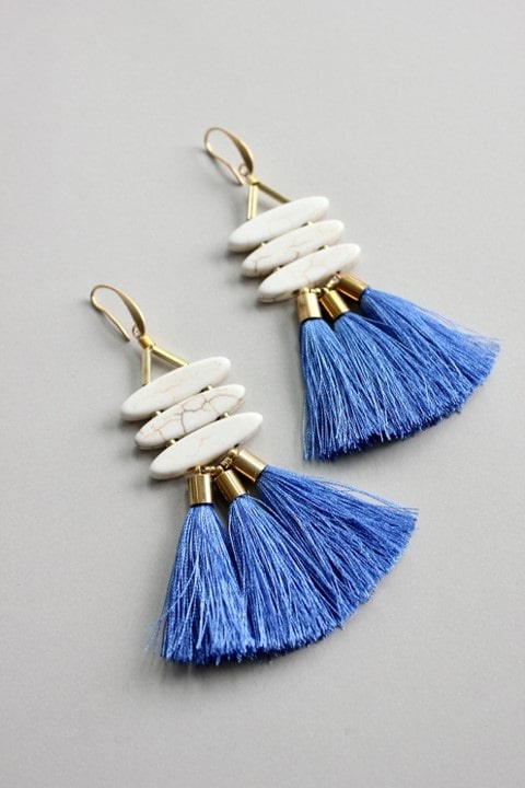 blue and white tassel earrings