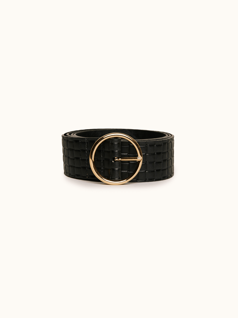 black stamped leather belt