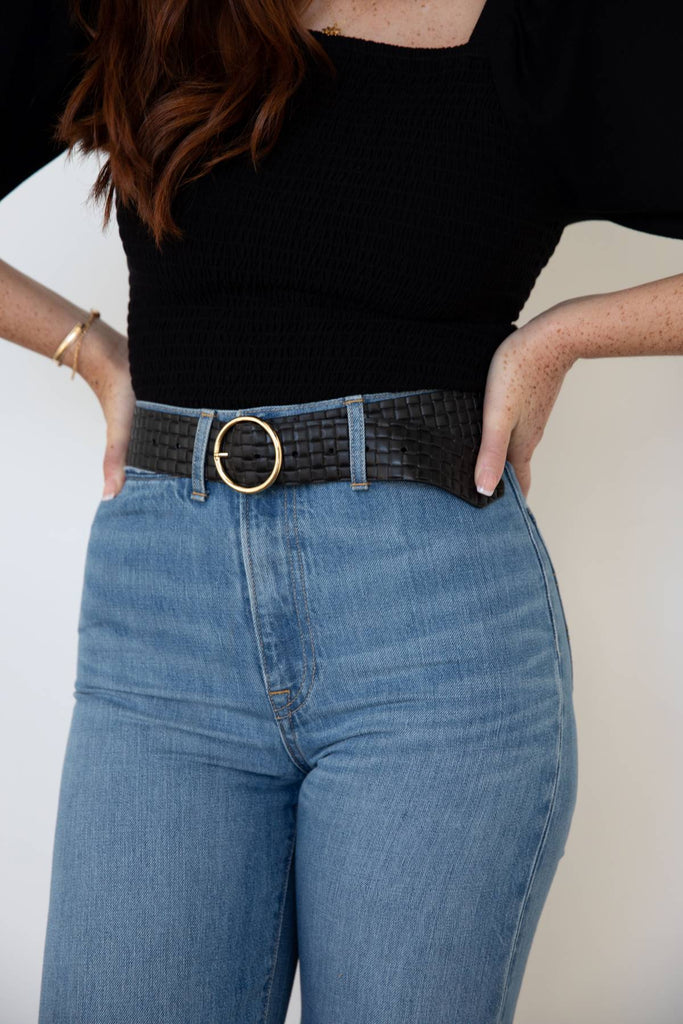 black stamped leather belt