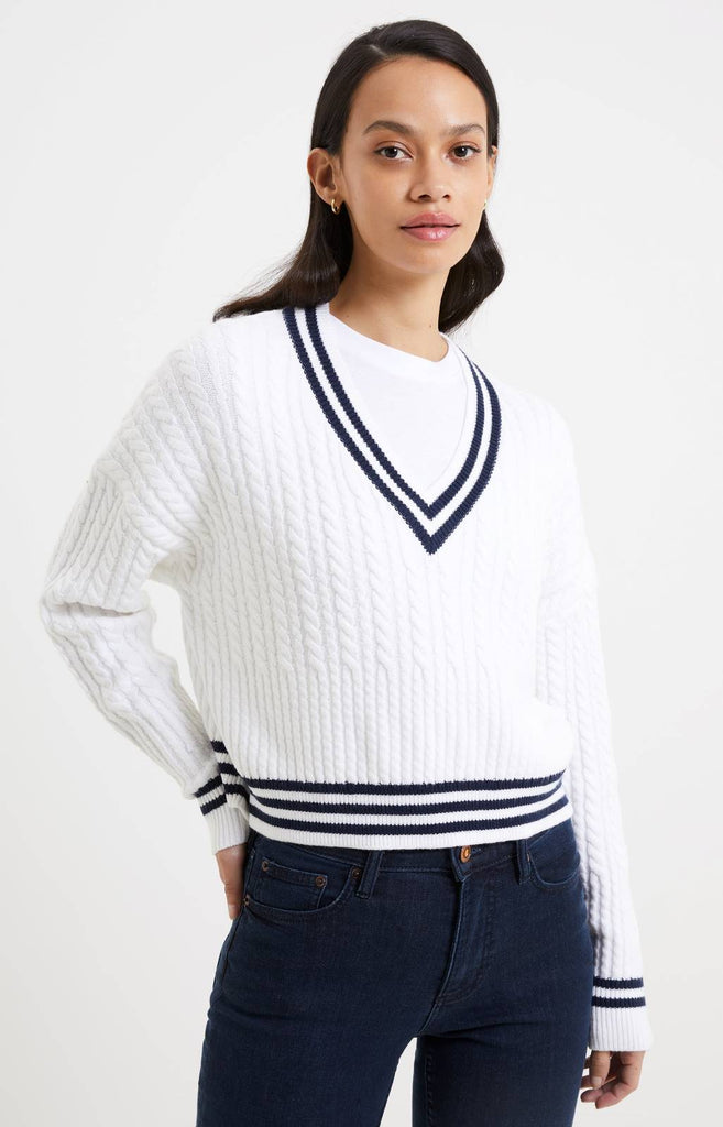 white cable knit with blue stripes