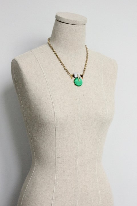 gold and green grosgrain button necklace