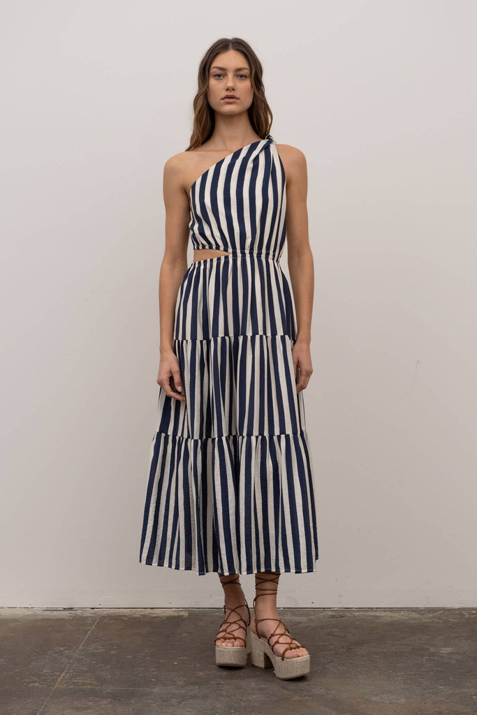 blue and white striped, one shoulder dress