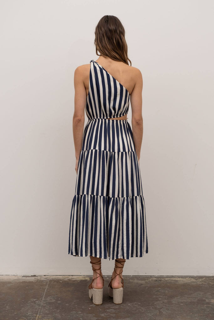 blue and white striped one shoulder dress