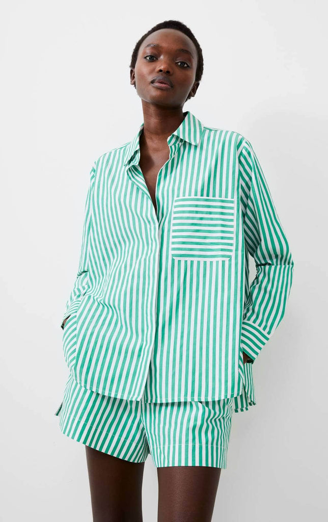 Green and white stripe button up