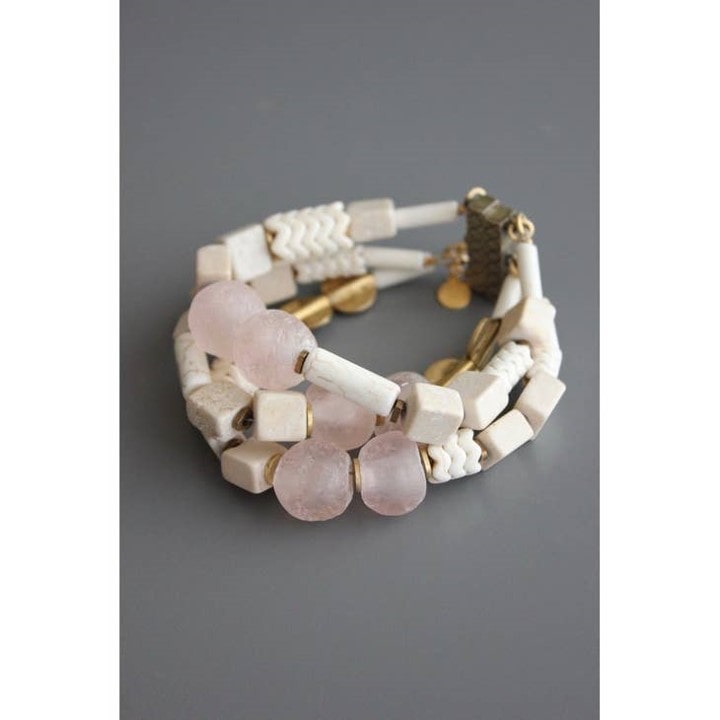 white and light pink triple strand bracelet